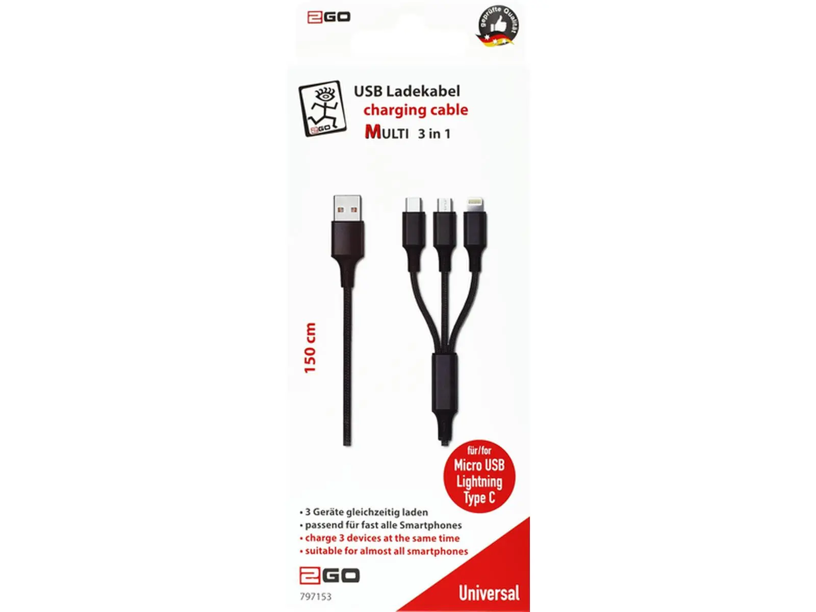 USB Ladekabel 3 in 1, schwarz, 1,5m